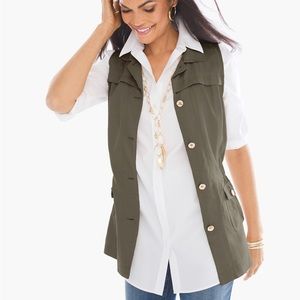 CHICO’S Olive Green Feminine Button-Up Utility Vest 100% Lyocell, Size 2 (L)